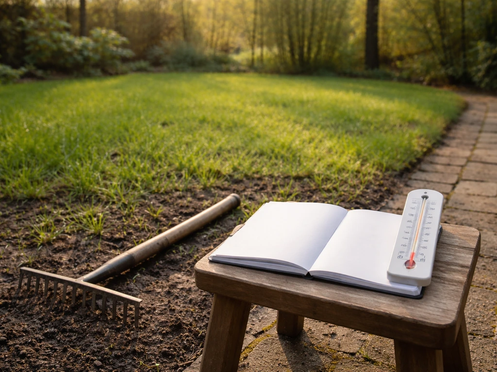 Vroege-lente tuin met net groeiend gras, tuingereedschap en een blanco kalender naast een weerthermometer.
