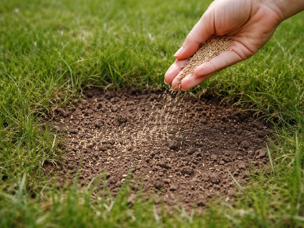 Hand strooit gazonzaad op een kale plek tussen nog aanwezige graspolletjes.