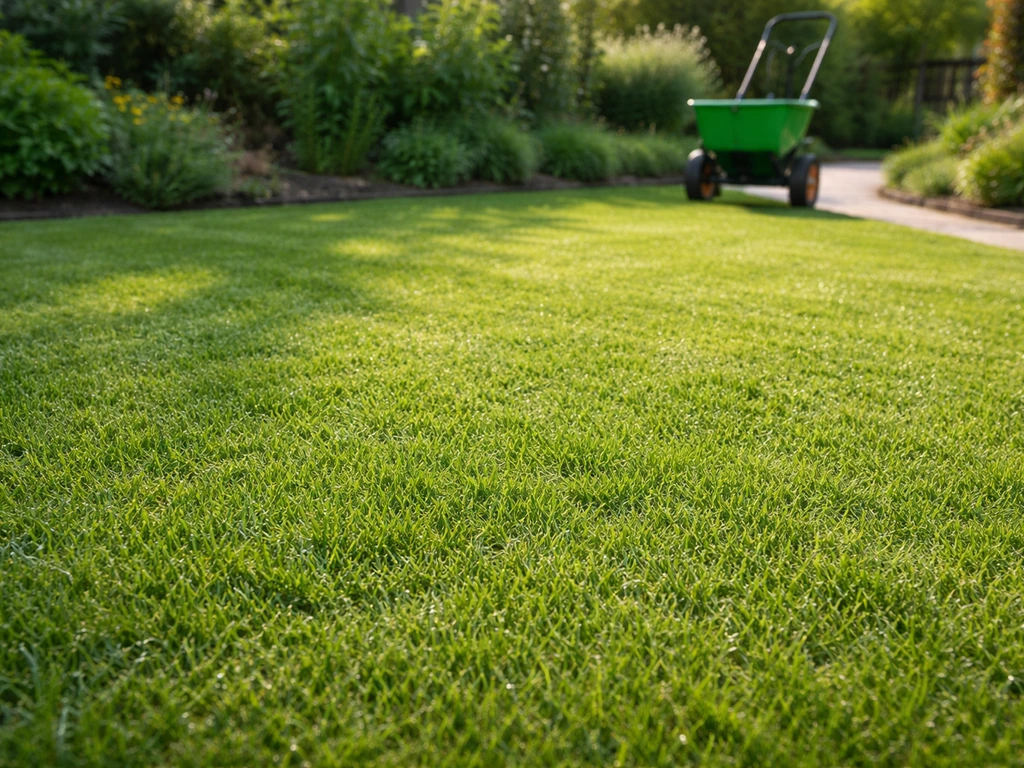 Fris groen gazon in een Nederlandse tuin, met een kunstmeststrooier op de achtergrond voor bemesten.