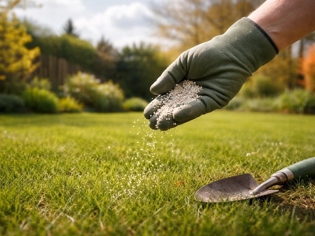 Hand strooit korrelmest op een groen gazon, met subtiele seizoenskleur als hint voor voorjaar, zomer en herfst.