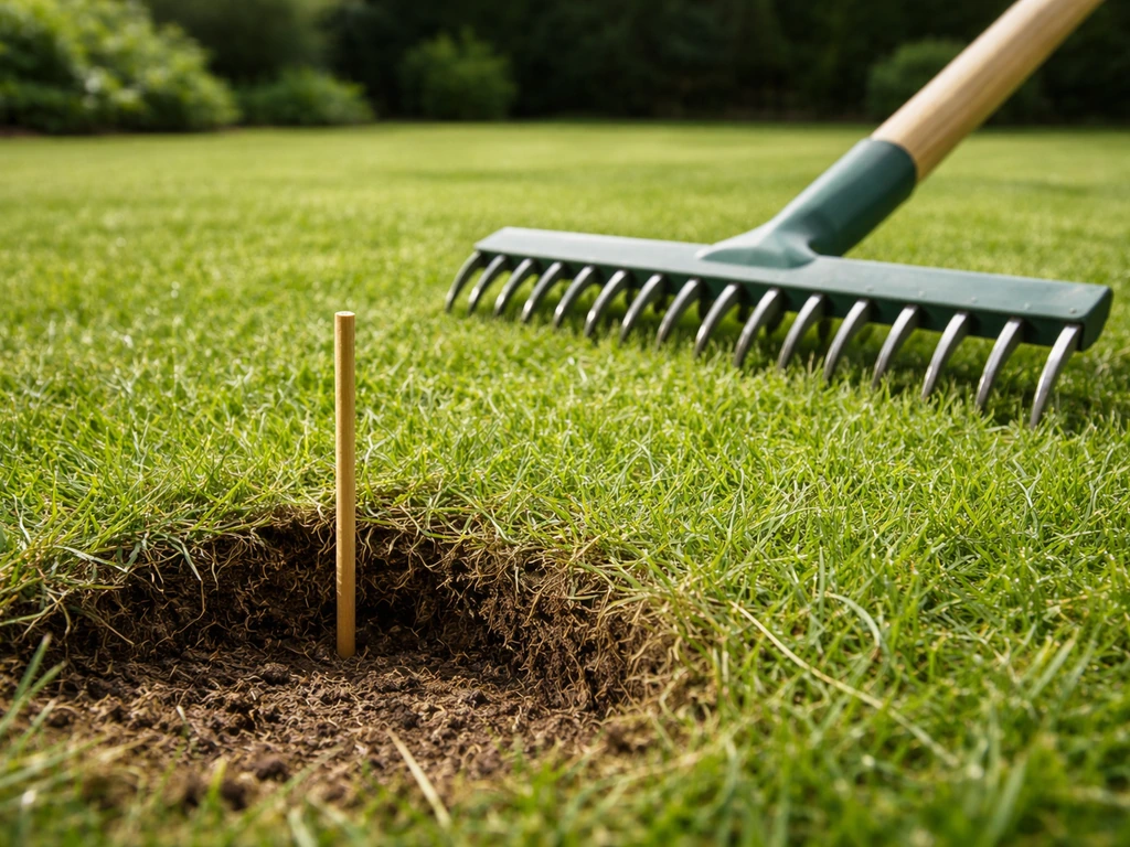 Gemaaid gazon op 3–4 cm met verticuteerhark en een priktest in de viltlaag bij de bodem.