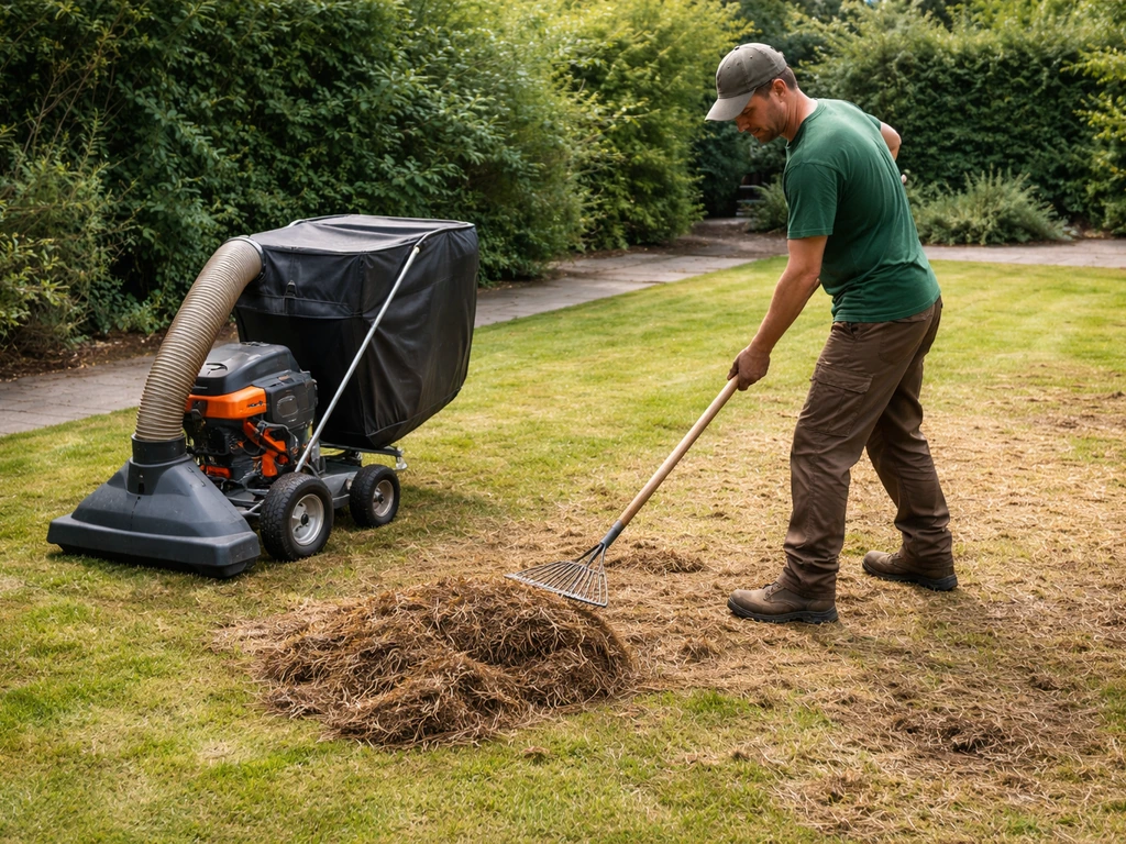 Tuinman met hark en zuigkar die losgeraakt vilt van een gazon opruimt, terwijl hij egaliseert na het verticuteren.
