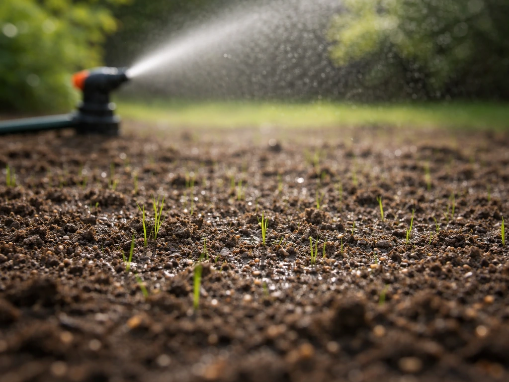 Sproeier geeft water op pas ingezaaid gazon; de bovenste laag lijkt vochtig en er begint kieming.