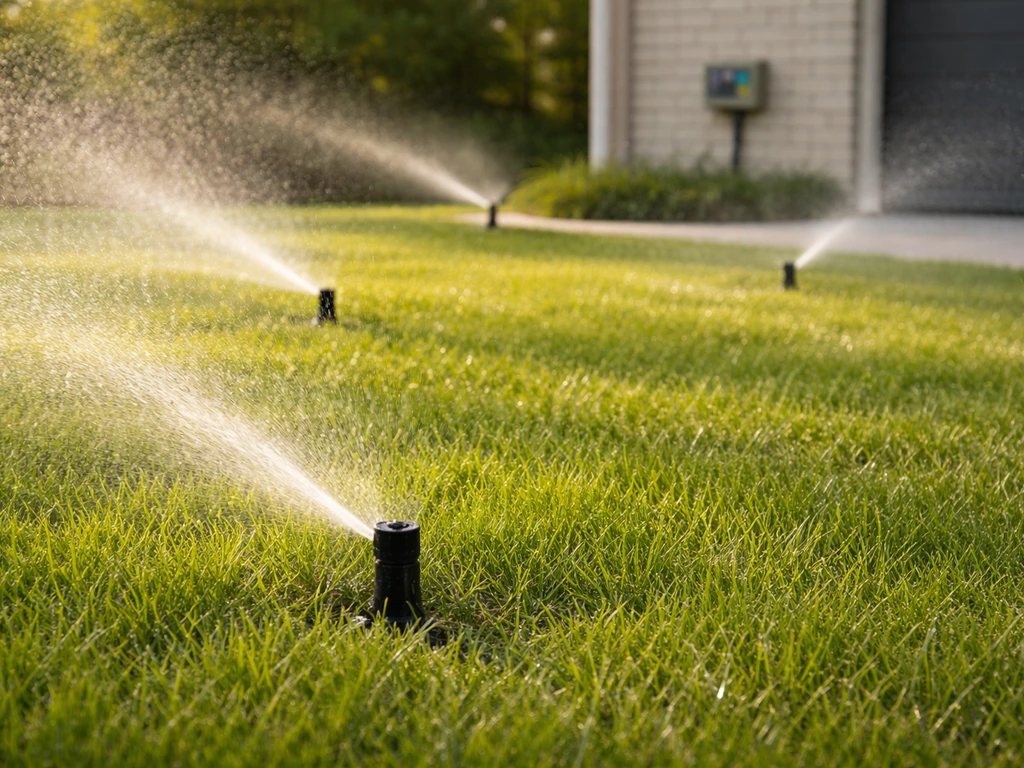 Groen gazon met sproeikoppen die vanuit een automatisch irrigatiesysteem water geven, controller op de achtergrond.