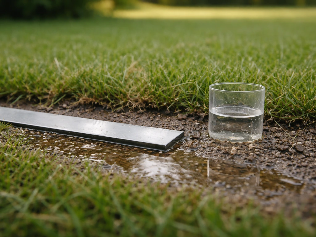 Close-up van een natte strook gazon met een maatlat om waterdiepte te laten zien na het besproeien.