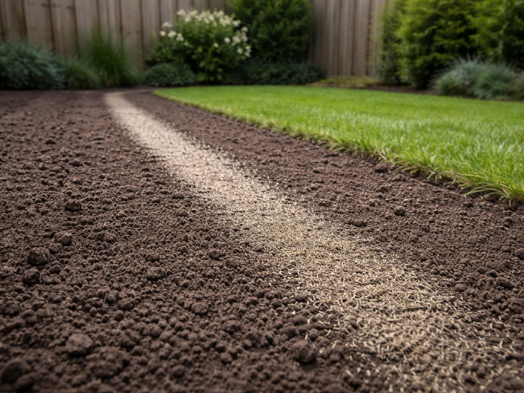 Nette tuinstrook met voorbereide grond en zichtbaar zaaispoor waar graszaad is gestrooid, zonder mensen.