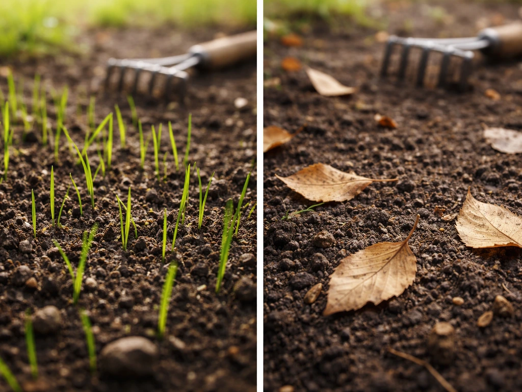 Kiemende grassprieten in lentegrond naast een strook met herfstbladeren en koeler lijkende aarde.