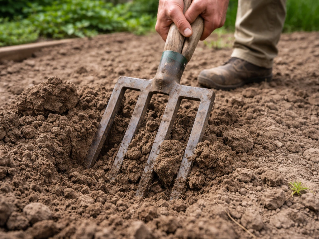 Close-up van een spitfork die in verdichte tuinbodem prikt om de grond los te maken en te beluchten.