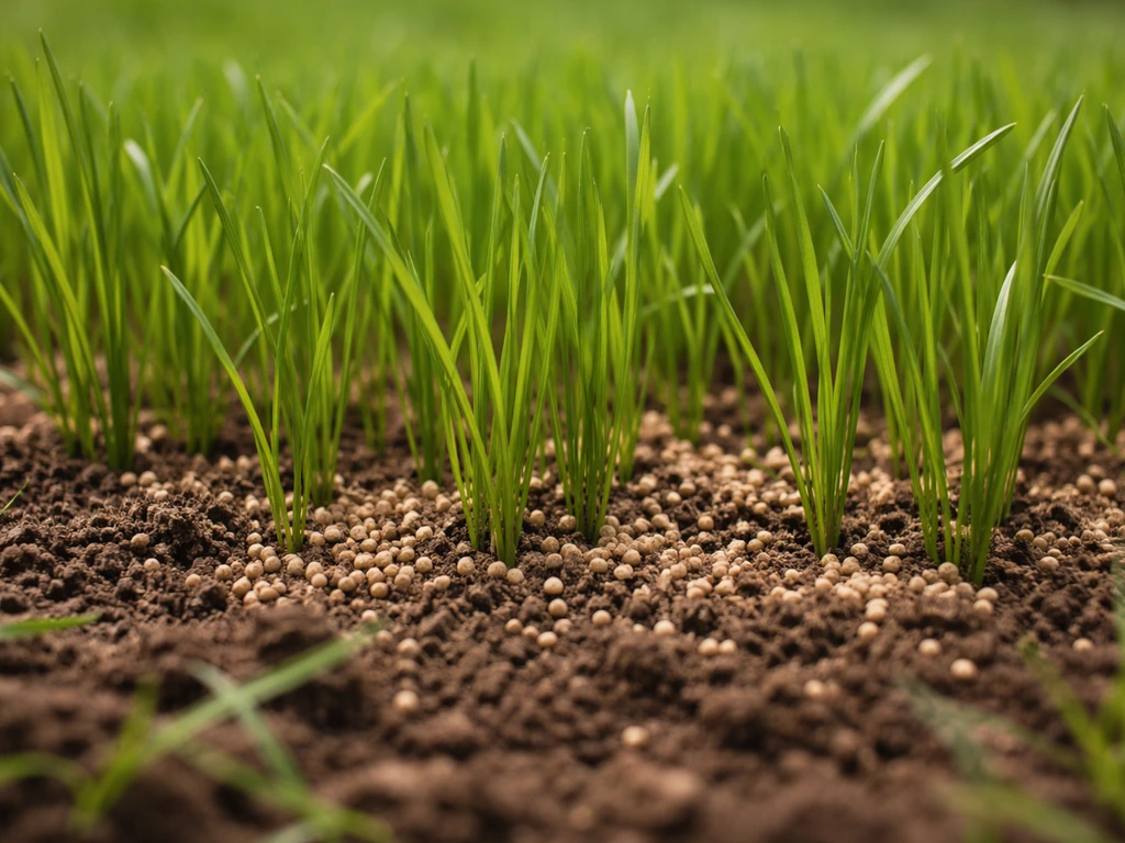 Jonge ingezaaide grassprieten van 8–10 cm hoog, kort gehouden, met mestkorrels op de grond in een tuin