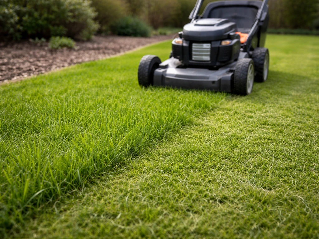 Voorjaarsmaaibeurt: groene graspolletjes van 4–5 cm in een tuin, gemaaide strook op de voorgrond