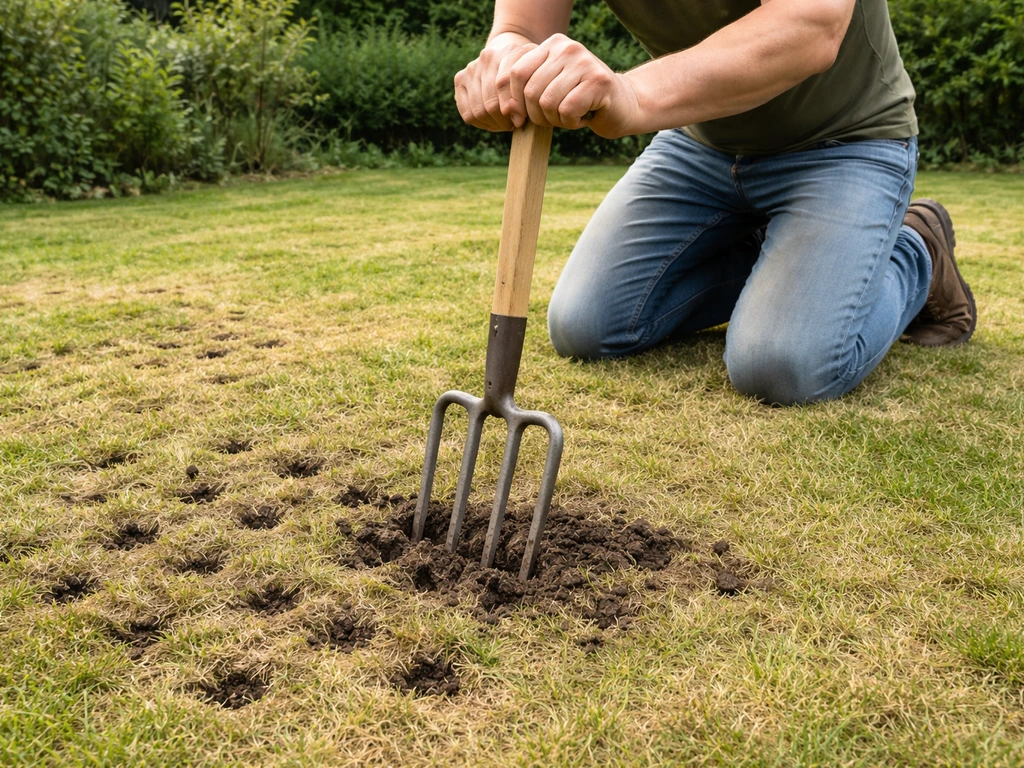 Tuinman belucht een verdicht gazon met een spitsvork en prikt gaatjes voor betere bodemopbouw.
