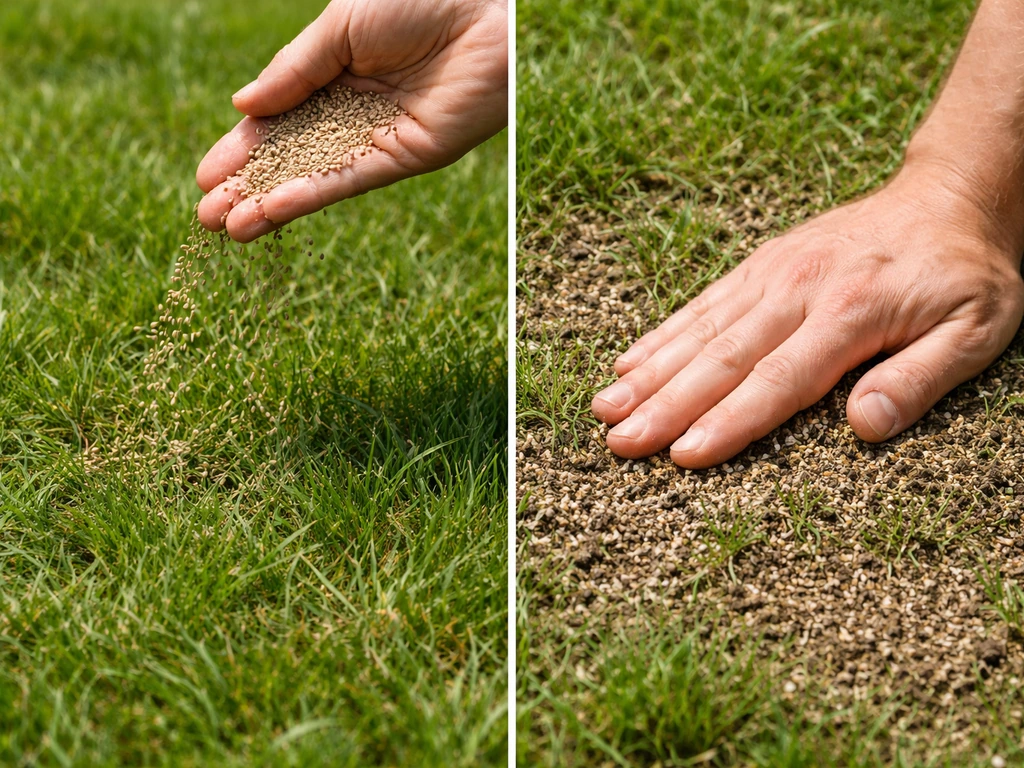 Hand die graszaad uitstrooit op bestaand gazon, met lichte zandafdeklaag die in het gras wordt aangedrukt.