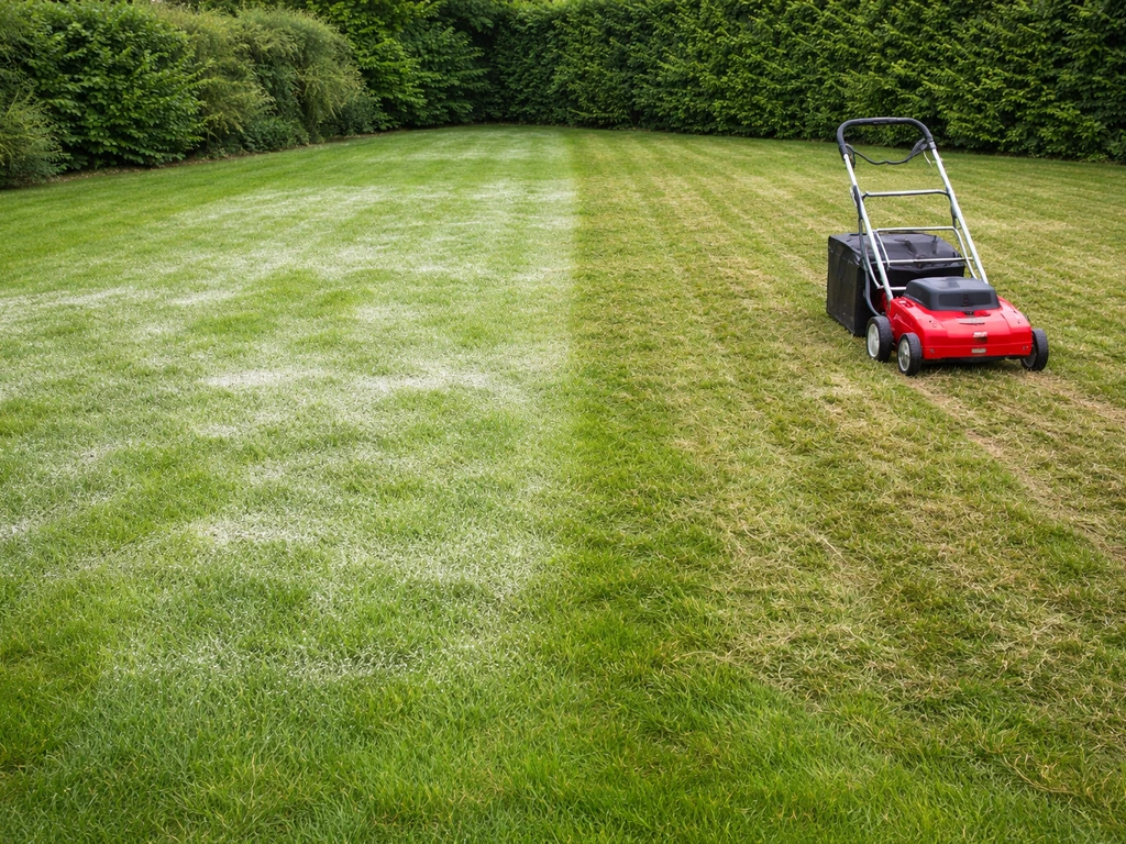Nederlands gazon: links net kalk gestrooid, rechts verticuteren voorbereid met verticuteerhark op het gras.