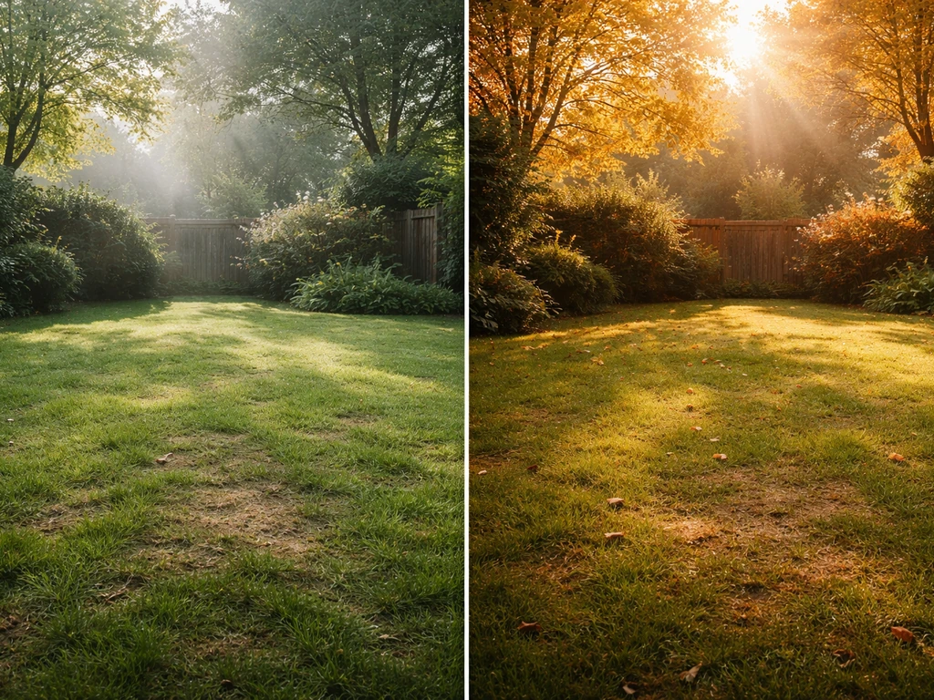 Minimalistische tuin met twee tijdvensters voor gazonherstel: voorjaar en najaar, met bodem- en weerindicaties zonder te