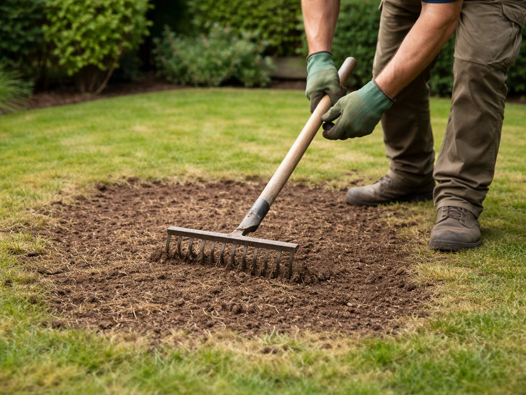 Tuinman hakt met een hark en werkt een kale plek open na kort maaien, klaar om gazon bij te zaaien