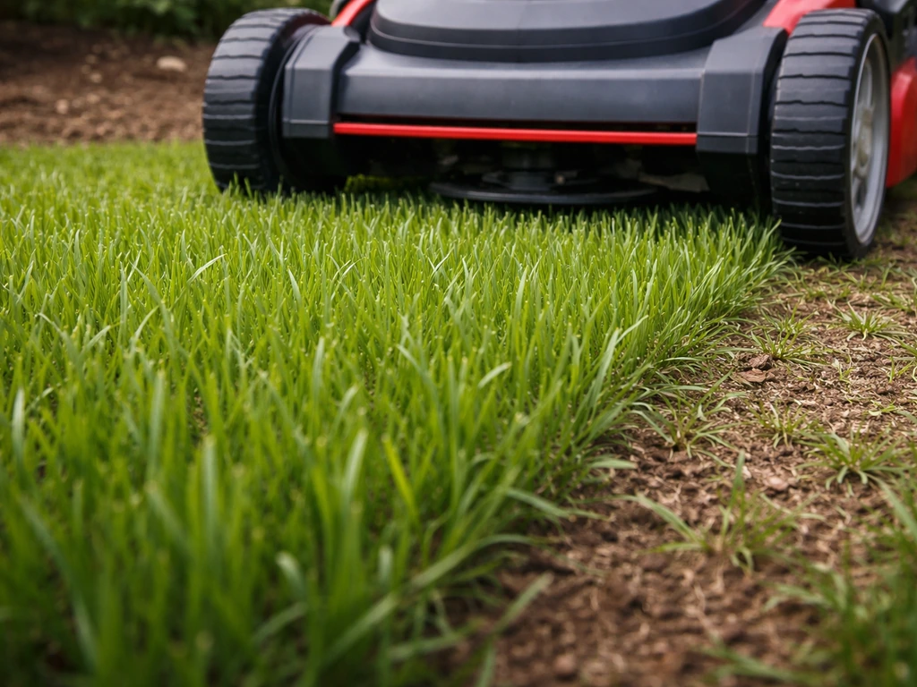 Jonge gazonpolletjes met een grasmaaier die net maait op ca. 5 cm, direct na het aanslaan.