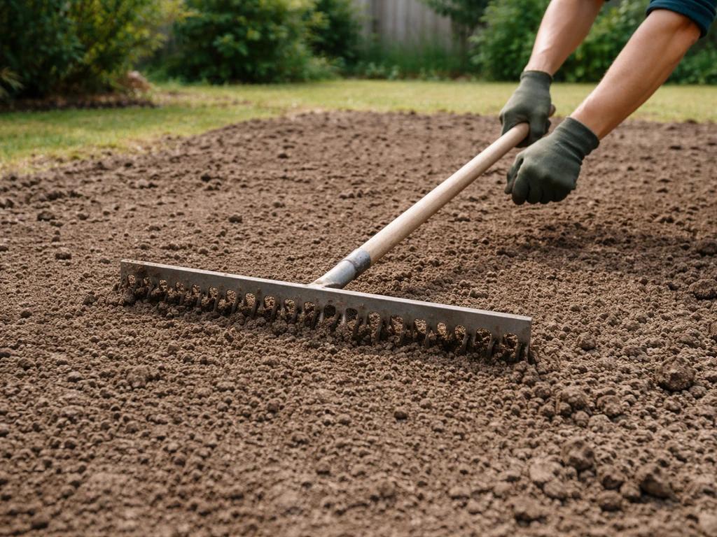 Tuinier werkt met een brede egaliseerschop en egaliseerhark op rulle, omgewoelde grond na het spitten