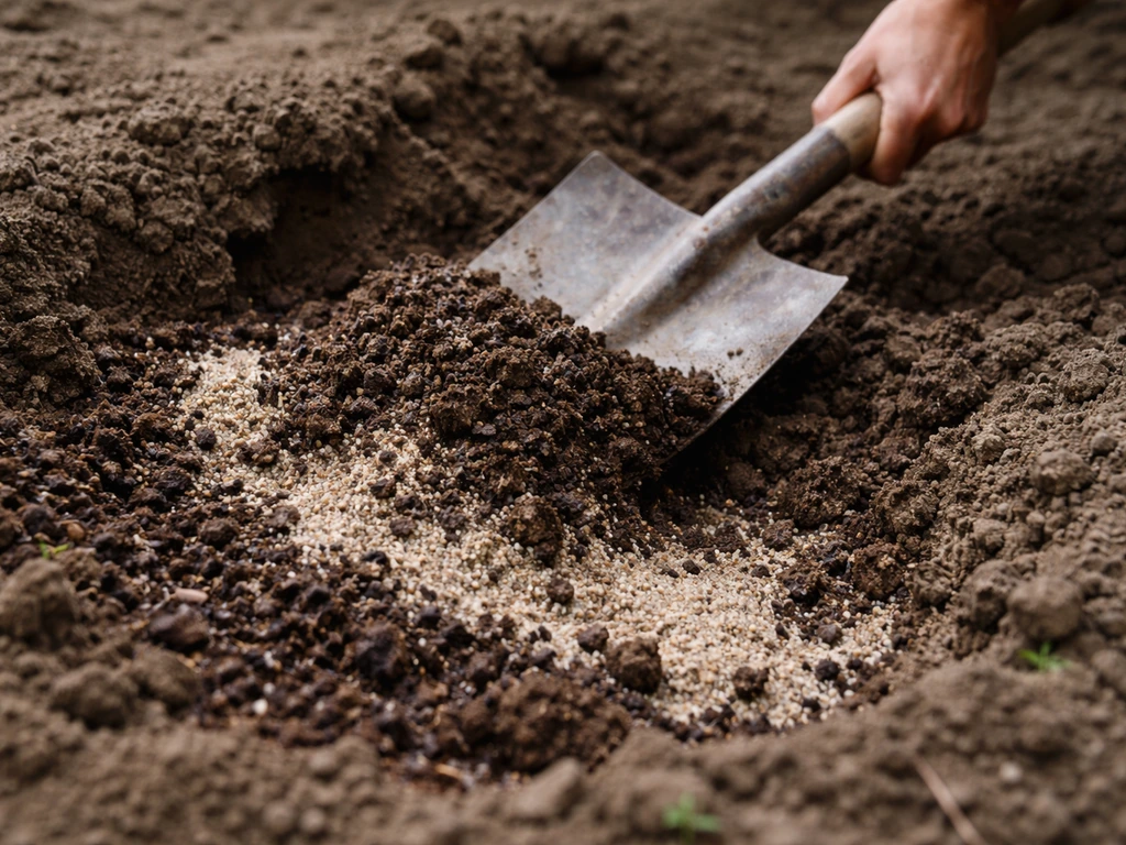 Iemand die scherp zand en compost in de toplaag van kleiige tuinbodem werkt met een spade, zichtbare laag.