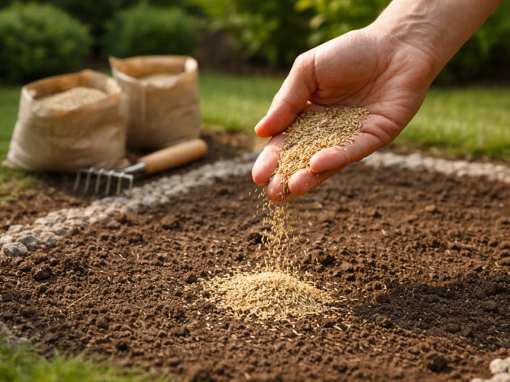 Een hand die graszaad mengt boven losse grond, met kleine graszaadzakjes in een tuin voor herinzaai.