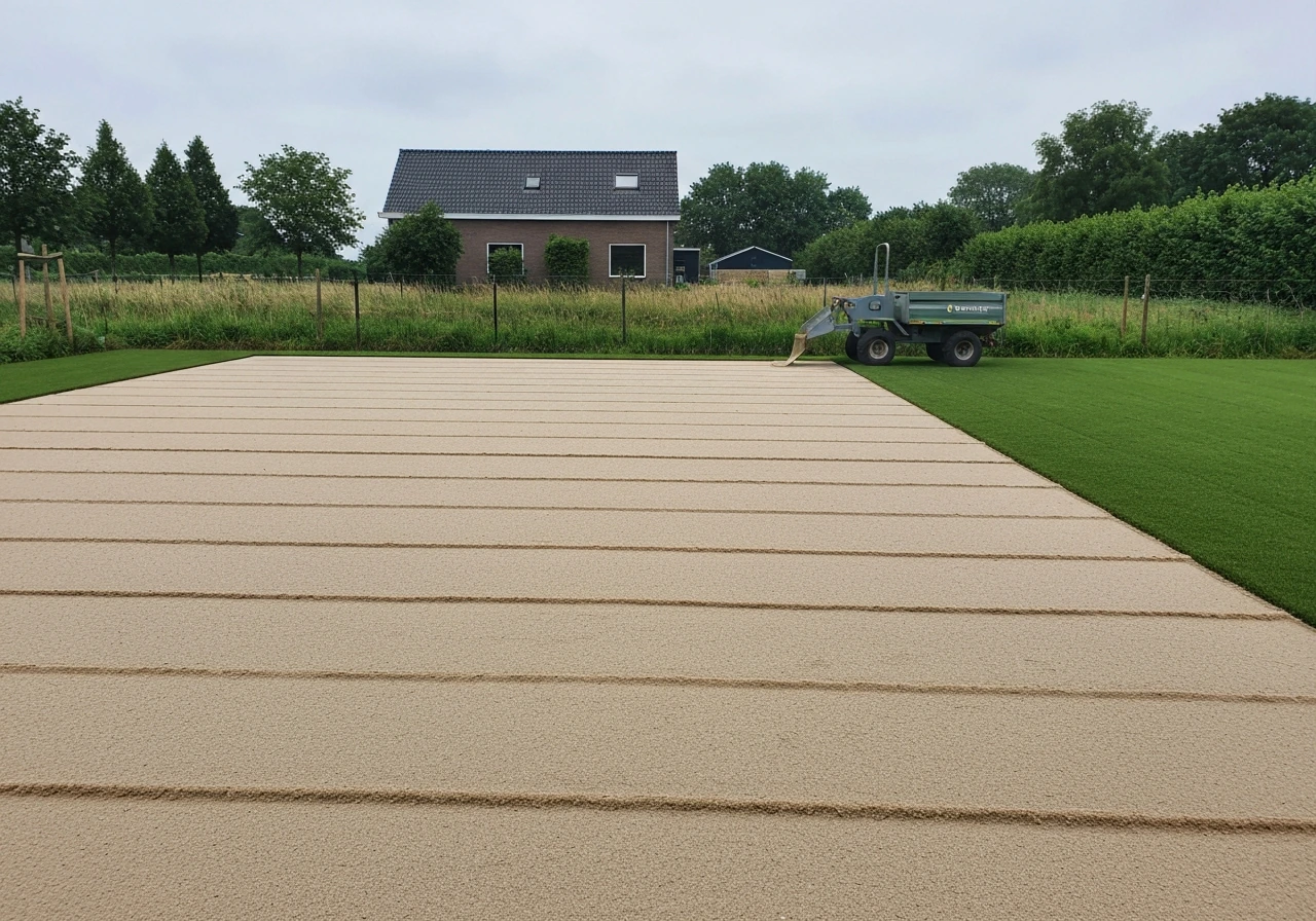 Egaler Nederlandse achtertuin met net aangebrachte topdressing: zandstroken en een hark op gazon