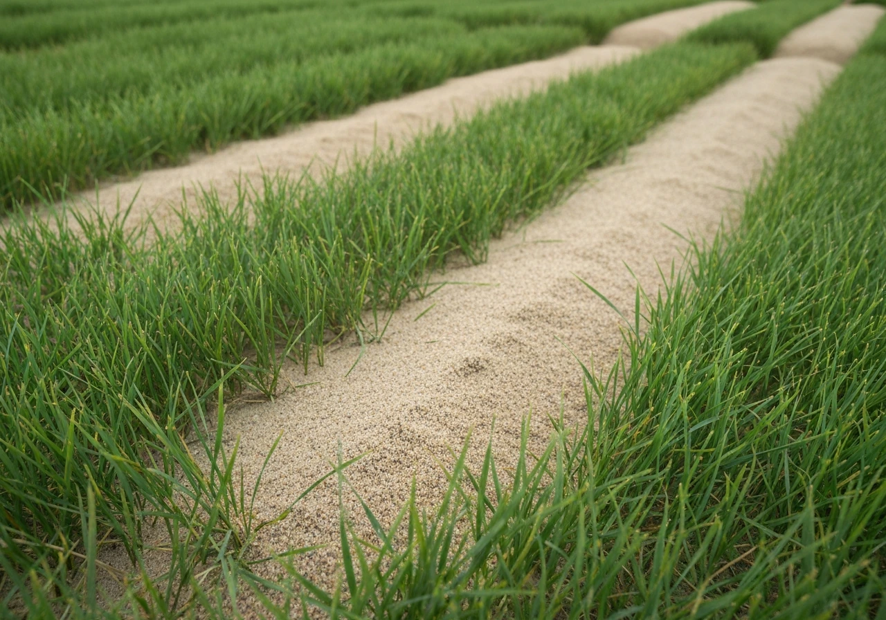 Close-up van gazonzand (topdressing) dat dun over bestaand gras wordt gestrooid