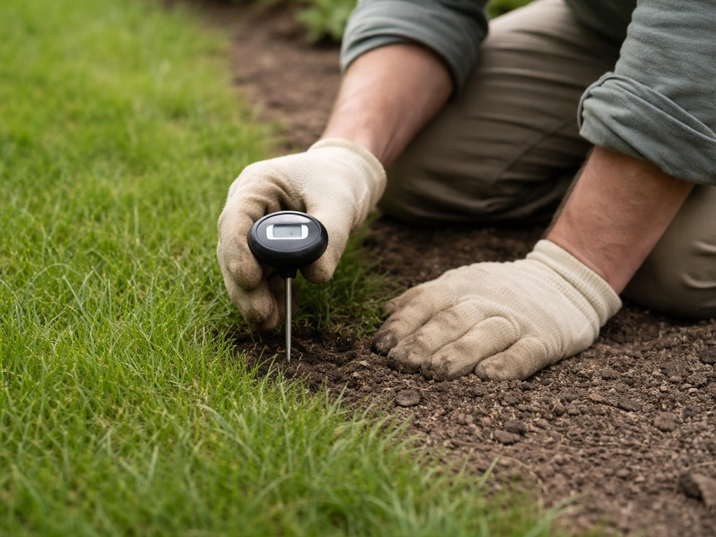 Tuinier meet de bodemtemperatuur bij de gazonrand met een gras-/bodemthermometer.