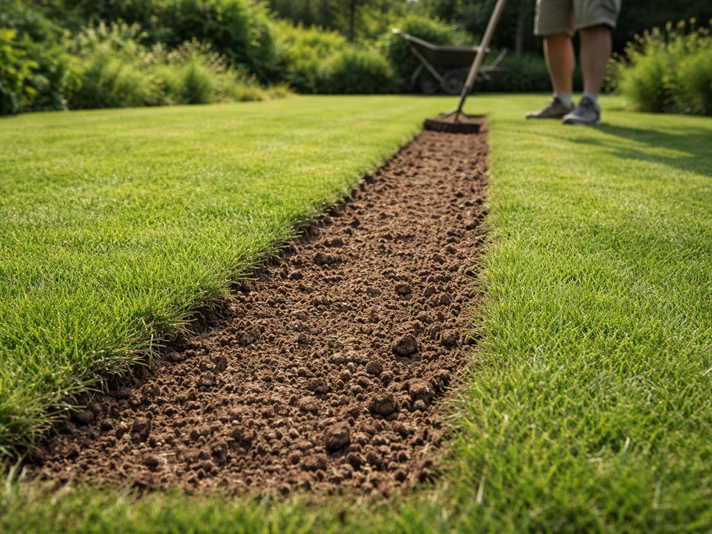 Kort gemaaid gazon met losgemaakte bovenlaag, klaar voor topdressing in een rustige tuin.