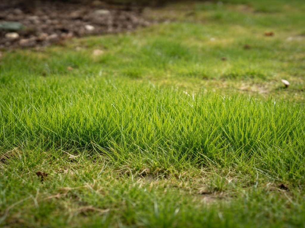 Voorjaarsgazon met actief groeiend, helder groen gras en licht zichtbare bodem, alsof de grond niet te nat is.