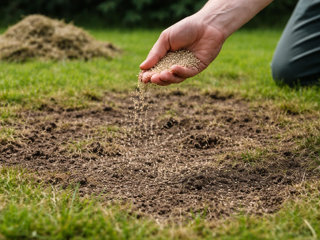Hand die gazonzaad uitstrooit op kale plekken direct na het verticuteren, met opgeharkt vilt op de achtergrond.