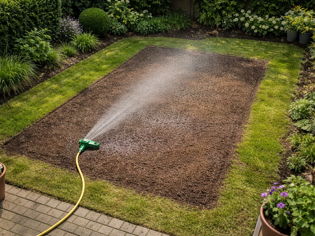 Overheadfoto van net ingezaaid gazon met sproeinslang die fijne nevel over de vochtige grond blaast.