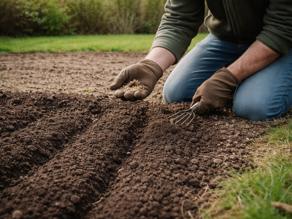 Tuinier bereidt in het voorjaar een zaaibed in de tuin, met zichtbare aarde en zaaiwerk.