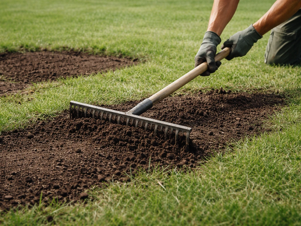 Handen met tuinhark egaliseren een gazonplek met compost/grond op lage plekken.