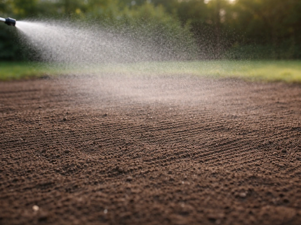 Fijne beregening als nevel over vers zaaibed met graszaad, rakelementen op een nieuw gazon