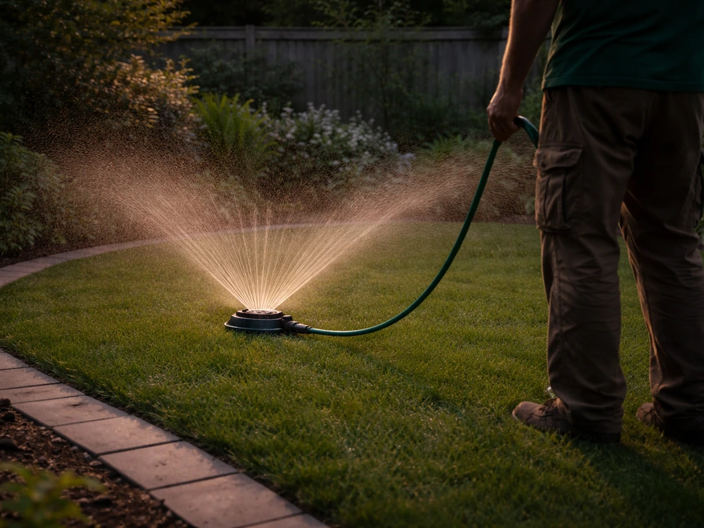 Sproeier die in de schemer een grasstrook besproeit, anonieme tuinsetting voor schimmelpreventie.