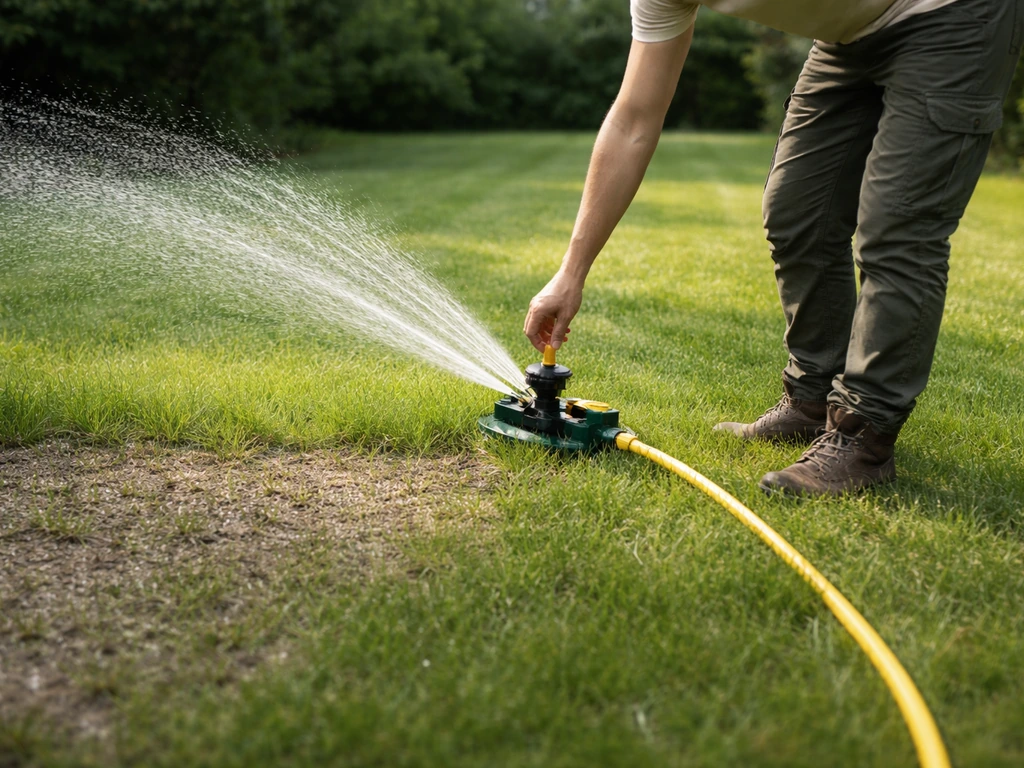 Tuinier die beregening inschakelt op een gazon na bemesting; maaien en herstel zijn zichtbaar op de achtergrond.