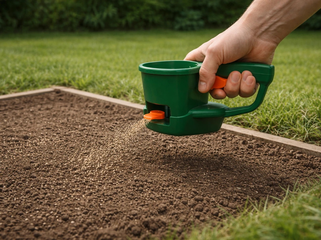 Anonieme hand en kleine handstrooier die graszaad gelijkmatig uitstrooit op een voorbereide grasstrook.