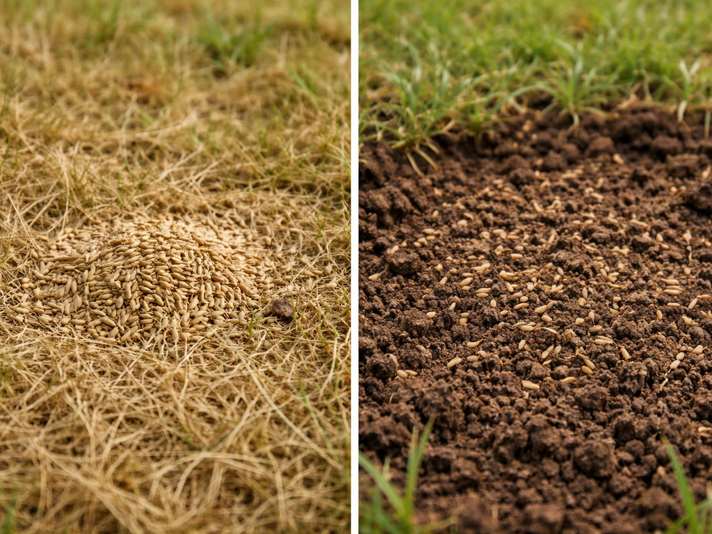 Zaadjes naast elkaar: links op droog vilt/dood gras, rechts in goed losgemaakte grond voor beter grondcontact.