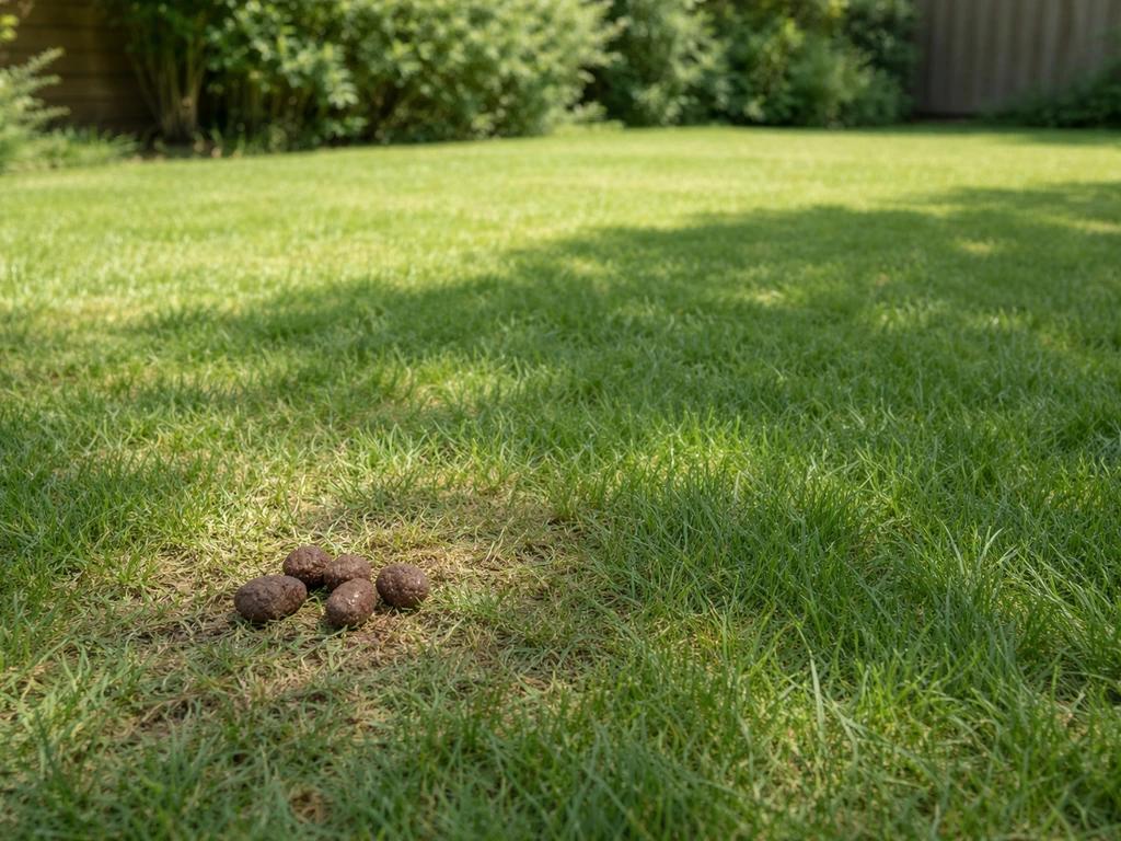 Close-up van een gazon met zichtbare uitwerpselen op een klein plekje, gezond gras eromheen.