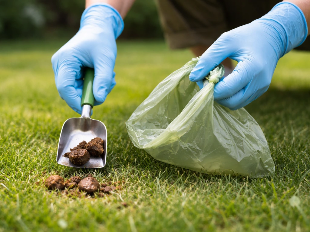 Anonieme handen met wegwerphandschoenen die uitwerpselen van gras scheppen met zakje en schepje.