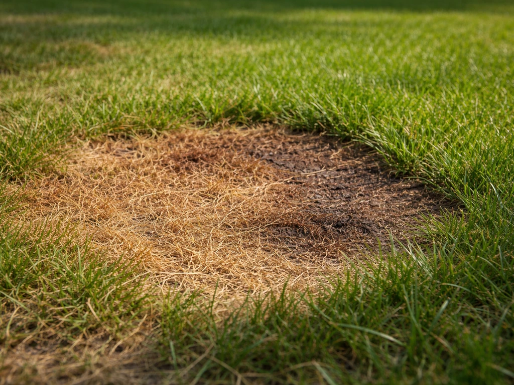 Close-up van geelbruine brandplek in het gazon door hondenurine naast nog groen gras