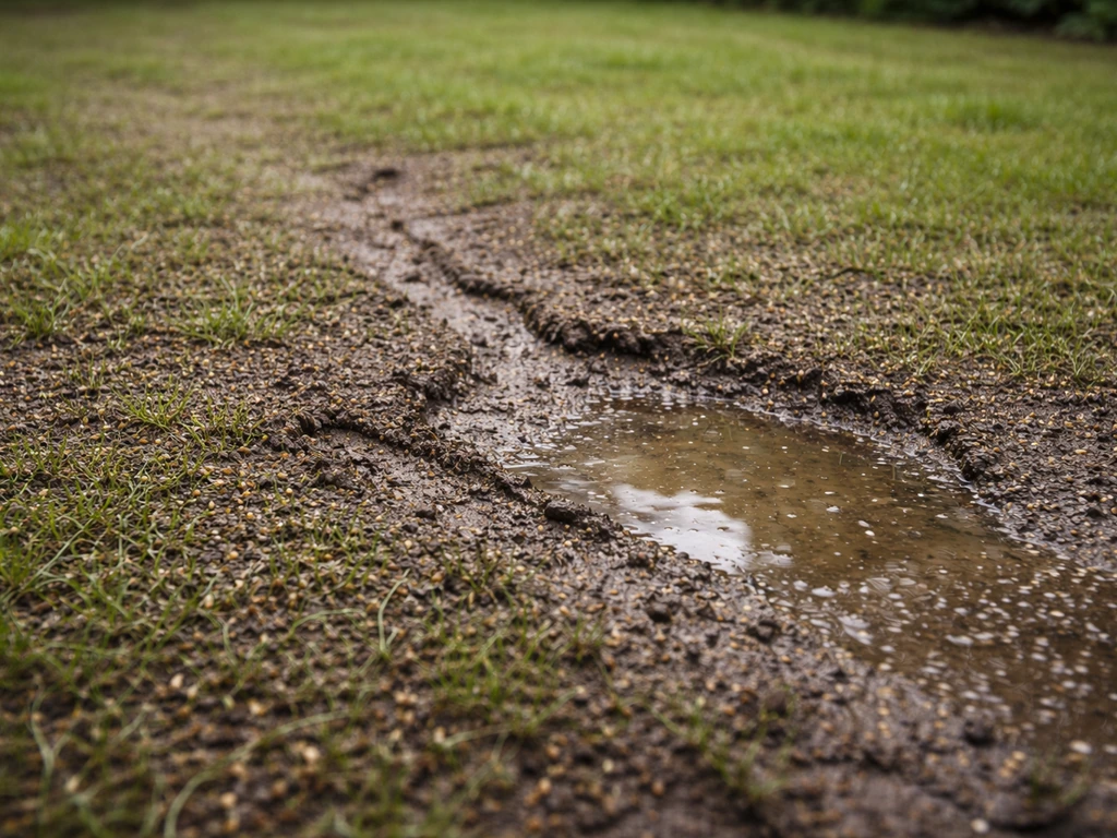 Close-up van ingezaaid gazon: één te natte plek met plas/wegspoelingssporen naast licht vochtig, egaal gras.