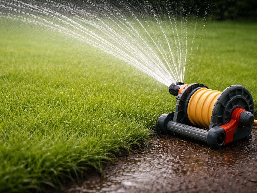 Close-up van een sproeier die gelijkmatig water geeft op een gazon, natte bodem zonder wegstromen