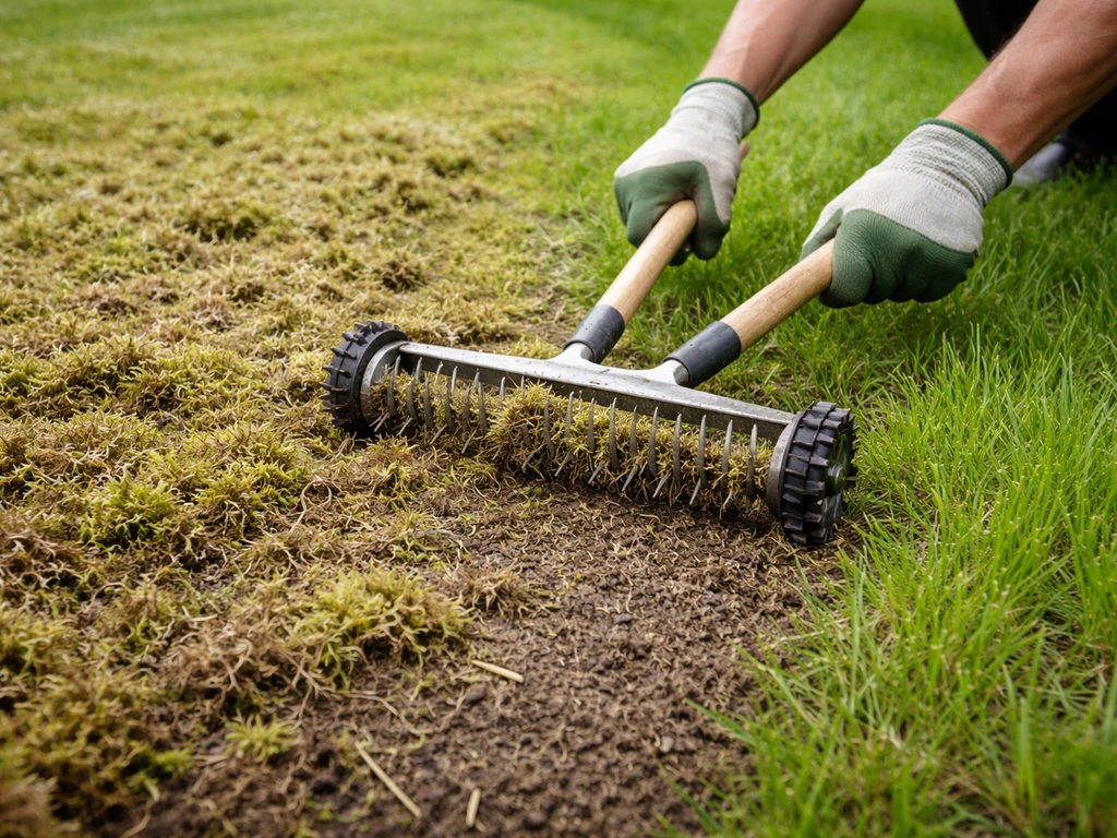 Handen en verticuteerhark op een gazon: mosresten worden verwijderd en er groeit nieuw gras terug.
