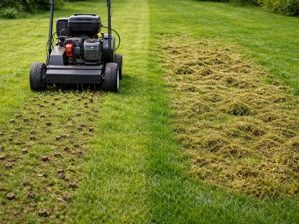 Beluchtingsmachine in het gras met grondpropjes, naast een strook waar mos en vilt is losgemaakt.