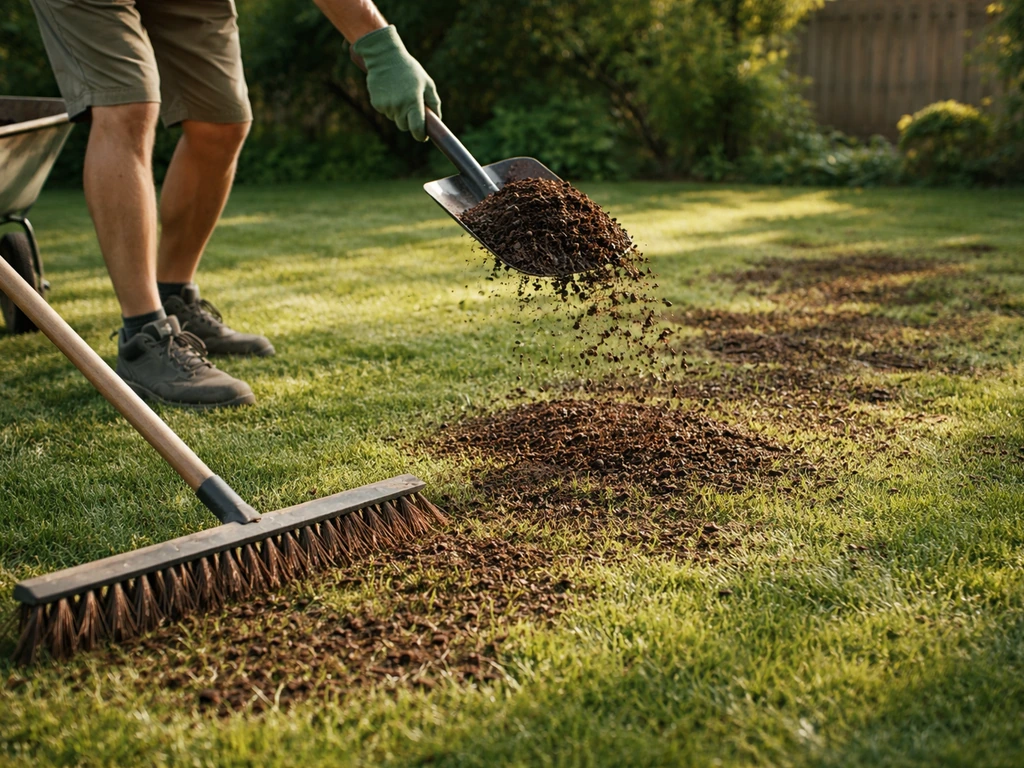 Compost topdressen van het gazon en daarna licht inwerken met hark/bezemborstel in een rustige tuin.