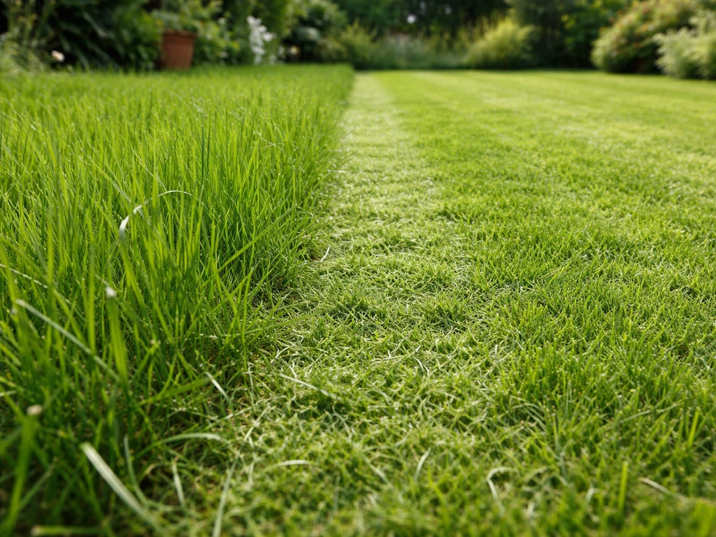 Gazon vóór en na één maaironde: links langer gras, rechts lager gemaaid gras, verschil in lengte zichtbaar.