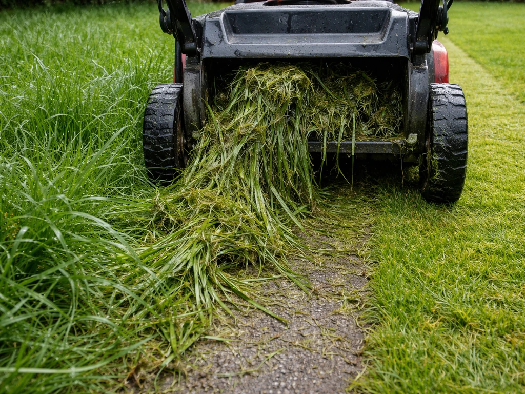 Grasmaaier die nat gras vastmaait: rafelig maaibeeld met links te nat en rechts net droger gras
