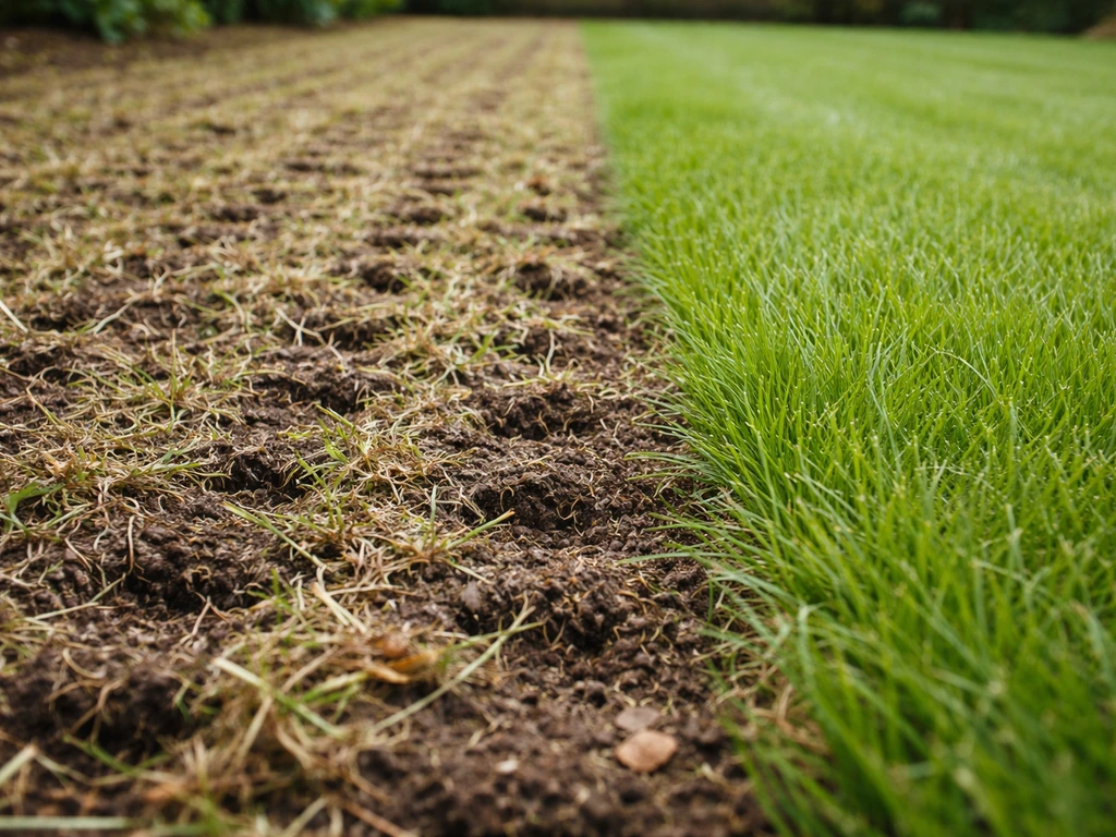 Close-up van losgewoeld gras met open snedes en los organisch materiaal na verticuteren, versus ongedeerd gras.