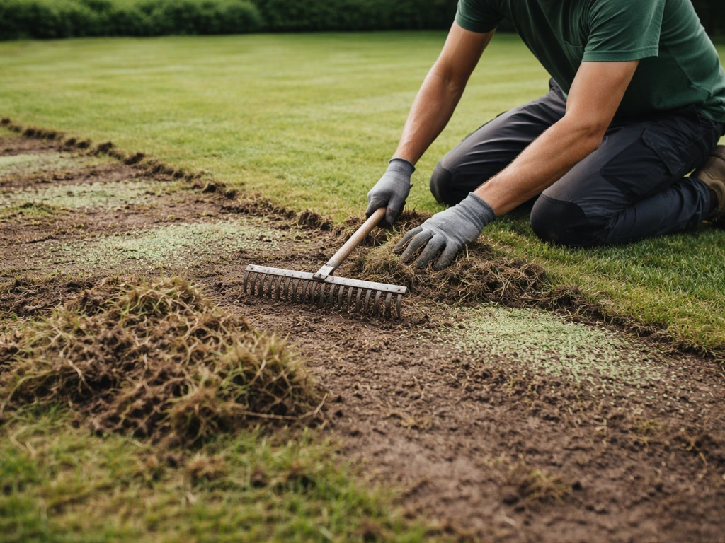 Anonieme tuinman harkt los verticuteermateriaal op uit het gazon, met doorzaaiplekjes op kale plekken.