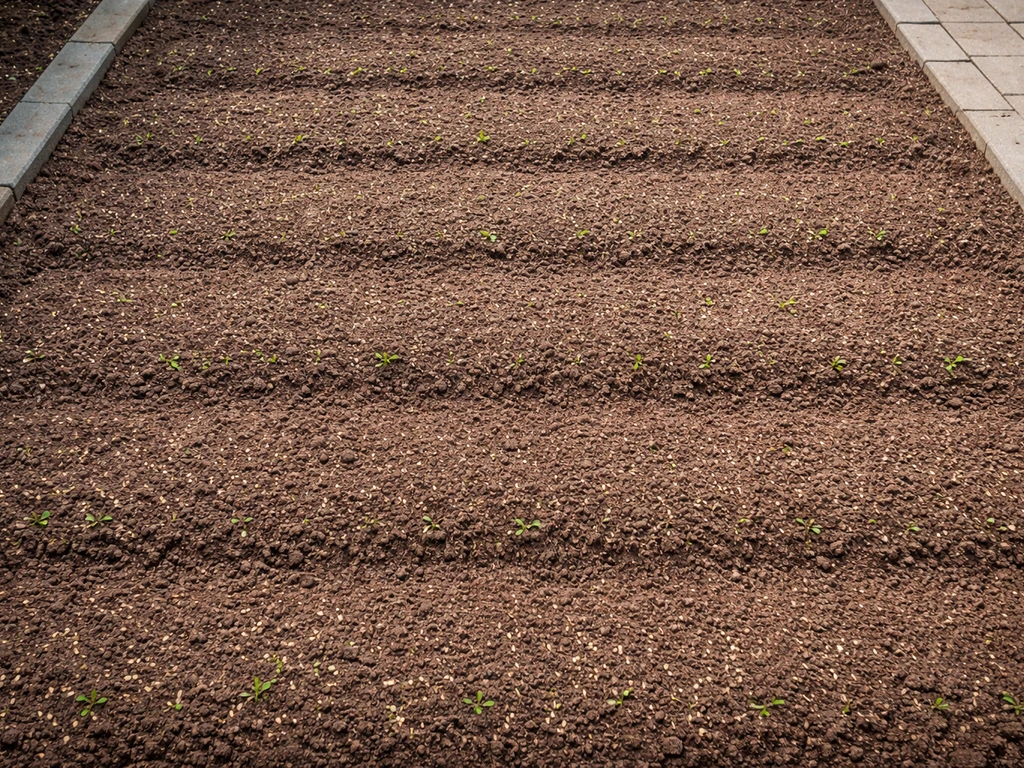 Bovenaanzicht van voorbereide tuin waar graszaad is ingewerkt en jonge kiemplantjes zichtbaar zijn.